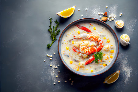 Chowder Crab Soup with shrimps and corn on concrete for good health Ai generated imageの素材
