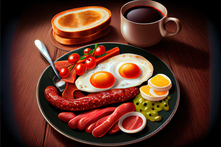 Full fry up English breakfast with fried eggs with vitamin and nutrition Ai generated imageの素材