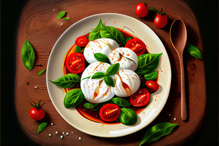 Testy Salad with Tomatoes and Burrata cheese food Ai generated imageの素材