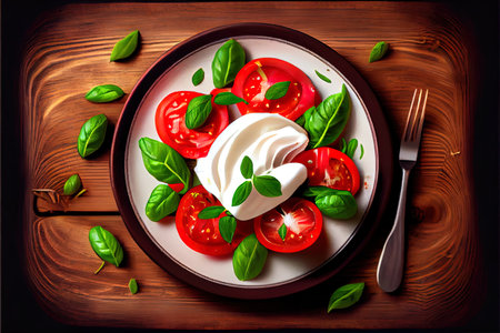Salad with Tomatoes and Burrata cheese vegetalbe food Ai generated imageの素材