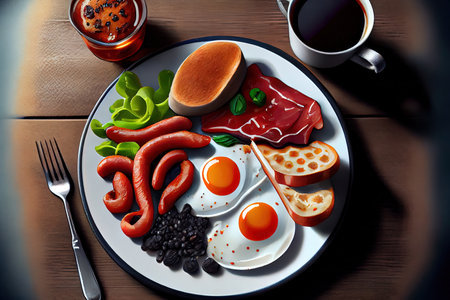 Full fry up English breakfast with fried eggs with vitamin Ai generated imageの素材