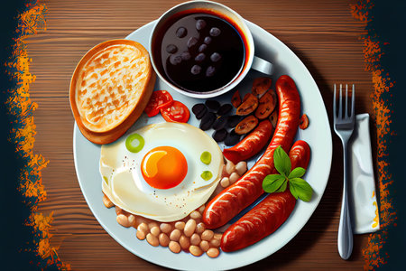 Full fry up English breakfast with fried eggs with vitamin Ai generated imageの素材
