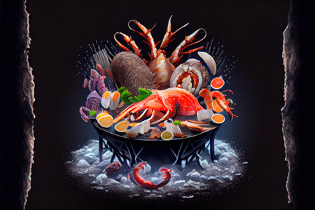 Delicious Boiled Seafood on ice - King Crab Ai generated imageの素材