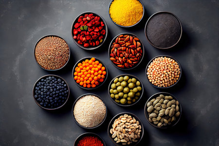 Natural Super foods and cereals selection in bowls Ai generated imageの素材