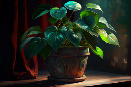 Green leaves, loves and cares for house plant Ai generated imageの素材