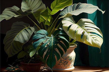leaves, loves and cares for house plant Ai generated imageの素材