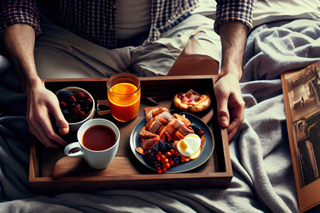 Healthy Breakfast in bed on table tray Ai generated imageの素材