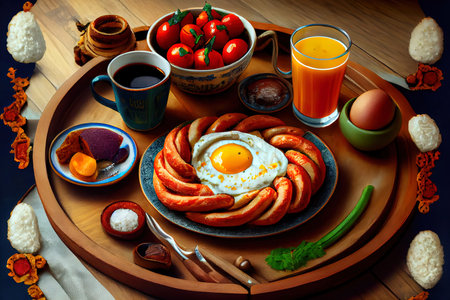 Turkish breakfast in bed with fried egg for good breakfast Ai generated imageの素材