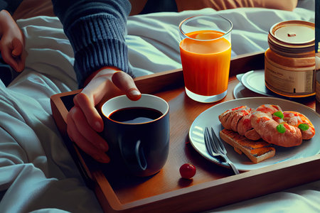 Healthy Breakfast in bed on table tray Ai generated imageの素材