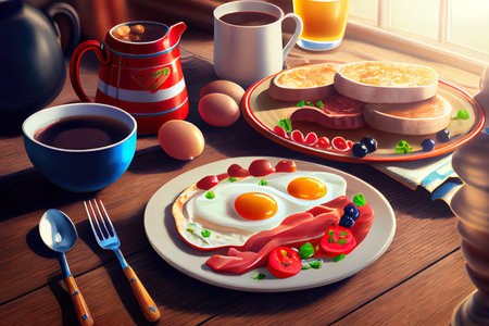 Full fry up English breakfast on sunny summer morning Ai generated imageの素材