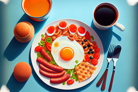 Full fry up English breakfast on sunny summer morning Ai generated imageの素材