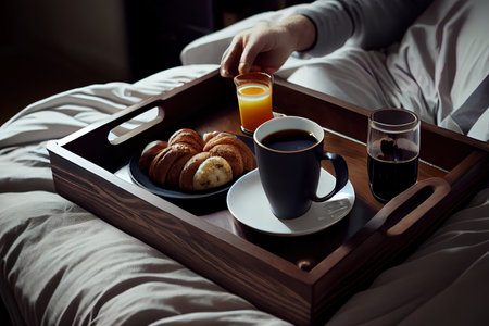 Breakfast in bed on table tray Ai generated imageの素材