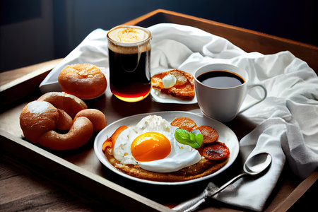Turkish breakfast in bed with fried egg for good breakfast Ai generated imageの素材