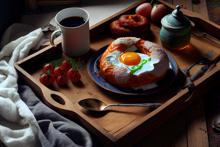 Turkish breakfast in bed with fried egg for good breakfast Ai generated imageの素材