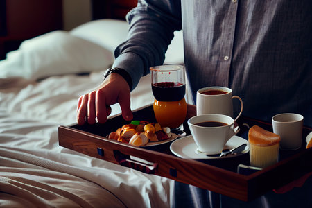 Healthy Breakfast in bed on table tray Ai generated imageの素材