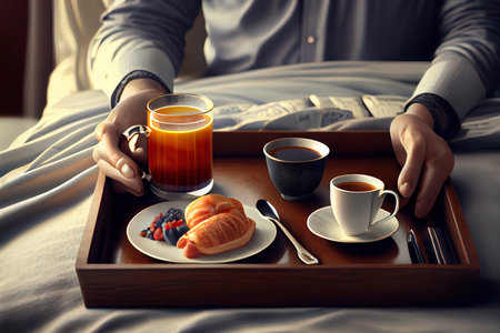 Breakfast in bed on table tray Ai generated imageの素材
