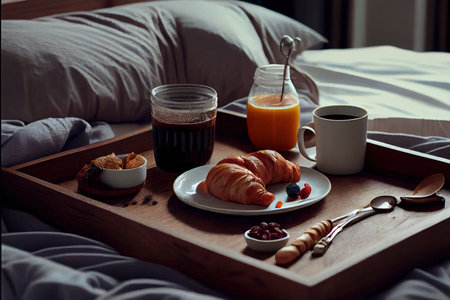 Breakfast in bed with croissants delicious food for energy Ai generativeの素材