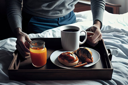 Breakfast in bed on table tray Ai generated imageの素材