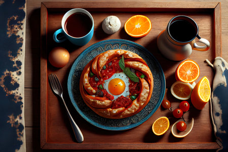 Turkish breakfast in bed with fried egg for good breakfast Ai generated imageの素材
