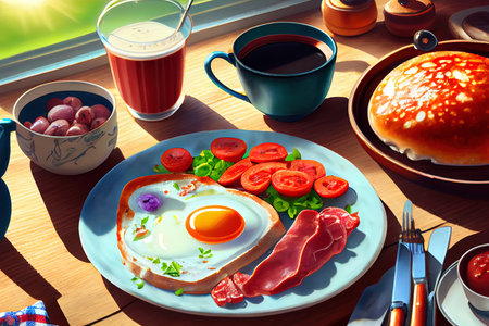 Healthy Full fry up English breakfast on sunny summer morning Ai generated imageの素材