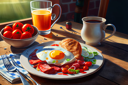 Healthy Full fry up English breakfast on sunny summer morning Ai generated imageの素材