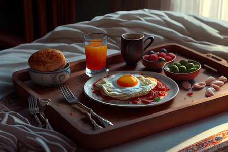 Turkish breakfast in bed with fried egg Ai generated imageの素材