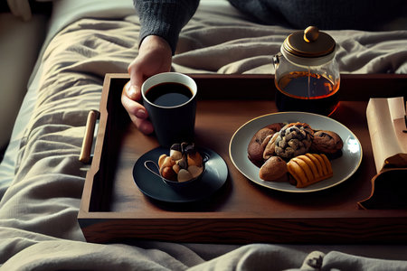 Healthy Breakfast in bed on table tray Ai generated imageの素材