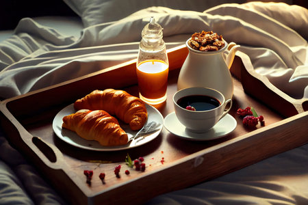 Breakfast in bed with croissants delicious food for energy Ai generativeの素材