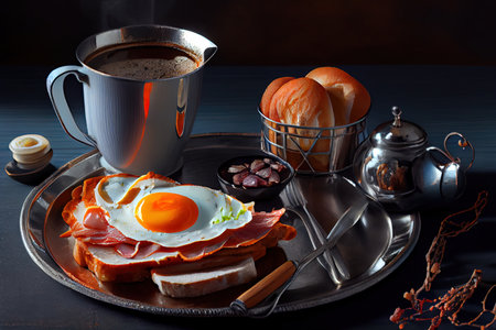 Interesting Breakfast with fried egg healthy fresh food Ai generativeの素材