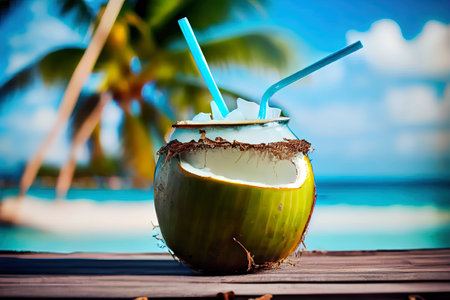 Coconut Water fresh cocktail in natural coconut Ai generated imageの素材