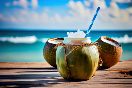 Coconut Water fresh cocktail in natural coconut Ai generated imageの素材