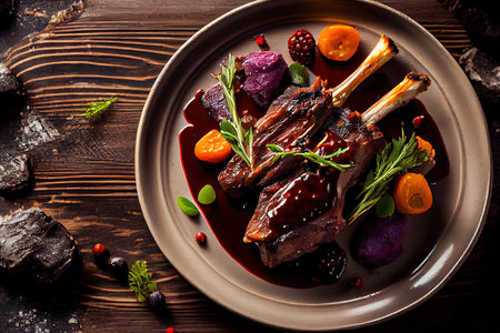 Grilled Venison Ribs with baked vegetables Ai generated imageの素材