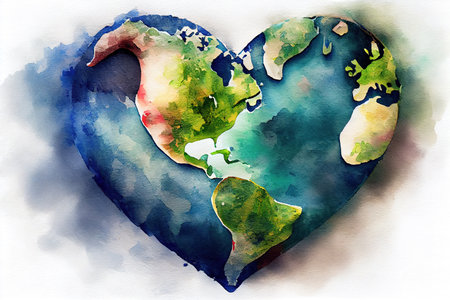 Heart shaped earth, watercolor oil painting effect. Generative Aiの素材
