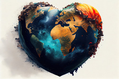 The earth with heart shape, Earth in Heart shape on green grass on sunlight. Generative Aiの素材