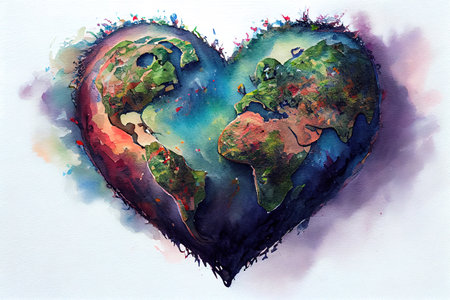 The earth with heart shape, Earth in Heart shape on green grass on sunlight. Generative Aiの素材