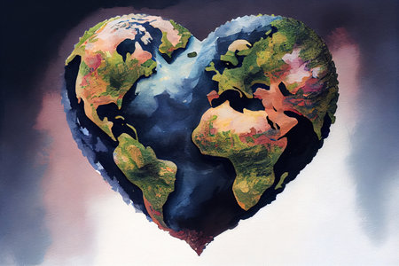 Heart shaped earth, watercolor oil painting effect. Generative Aiの素材