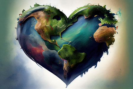 The earth with heart shape, Earth in Heart shape on green grass on sunlight. Generative Aiの素材