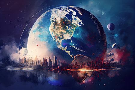 Planet earth on the background of blurred lights of the city. Generative Aiの素材