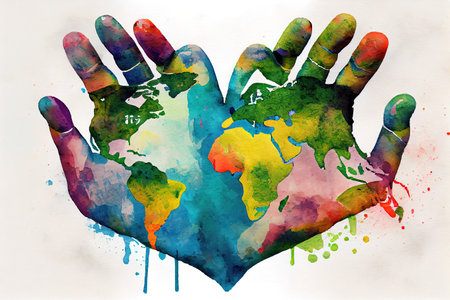 earth's day celebration - hands shaped heart with world map. Generative Aiの素材