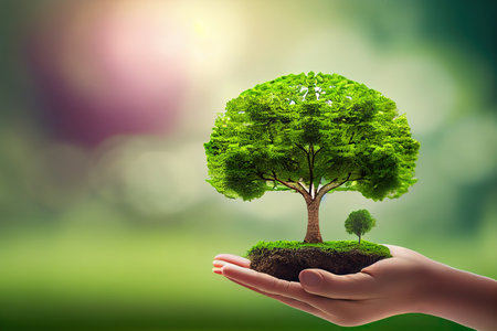 Environment day concept. hands holding tree and earth globe over green nature background. Generative Aiの素材
