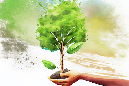 hand holding young tree for planting. concept eco earth day, watercolor oil painting effect. Generative Aiの素材