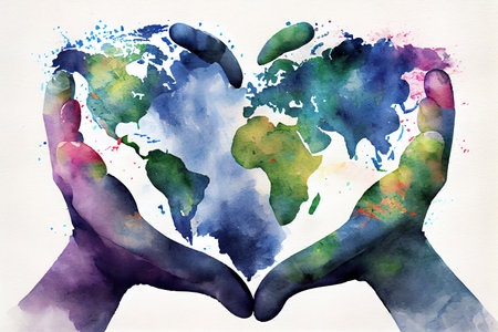 earth's day celebration - hands shaped heart with world map. Generative Aiの素材