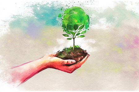 Beautiful hand draw girls holding tree earth watercolor design. Generative Aiの素材