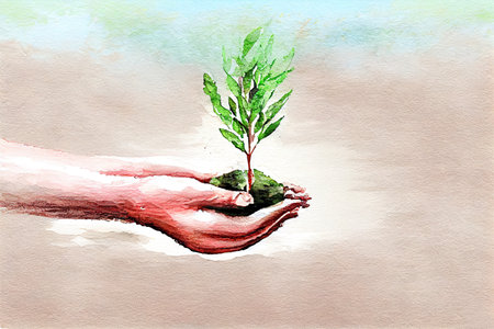 Beautiful hand draw girls holding tree earth watercolor design. Generative Aiの素材