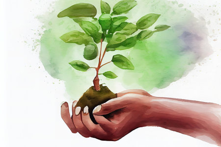 Crop hands holding growing plant. Generative Aiの素材