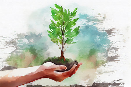 Hands protecting plant. Generative Aiの素材