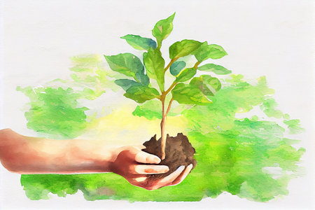 hand holding young tree for planting. concept eco earth day, watercolor oil painting effect. Generative Aiの素材