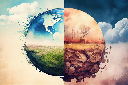 Grassy globe with trees over a barren landscape. Generative Aiの素材