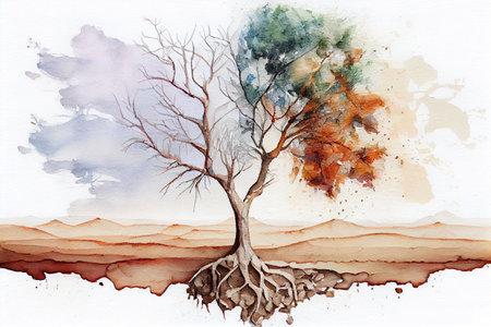 Climate change withered tree and dry earth, watercolor oil painting effect. Generative Aiの素材