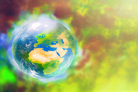 Defocus hand holding trash planet over yellow background. Save the Earth from garbage. Generative Aiの素材